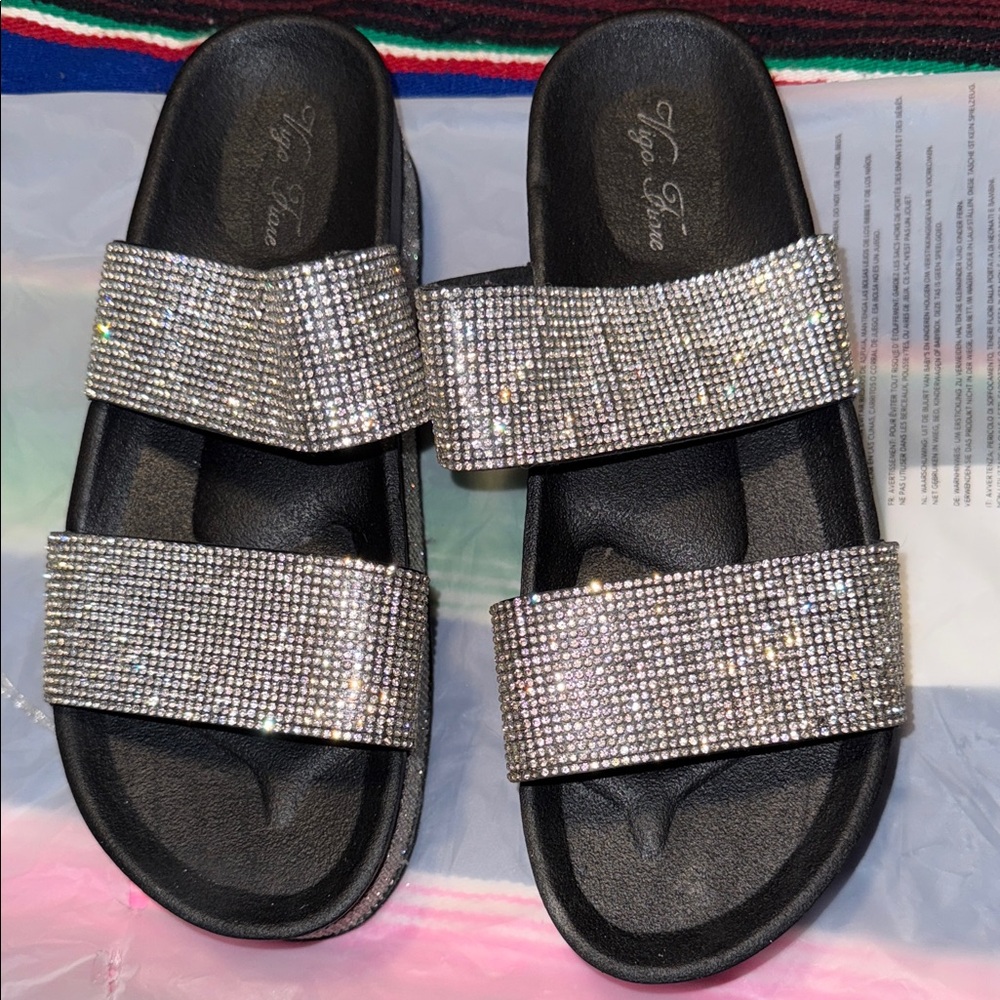 Elegant Silver Rhinestone Slide Sandals - Picture 2 of 16